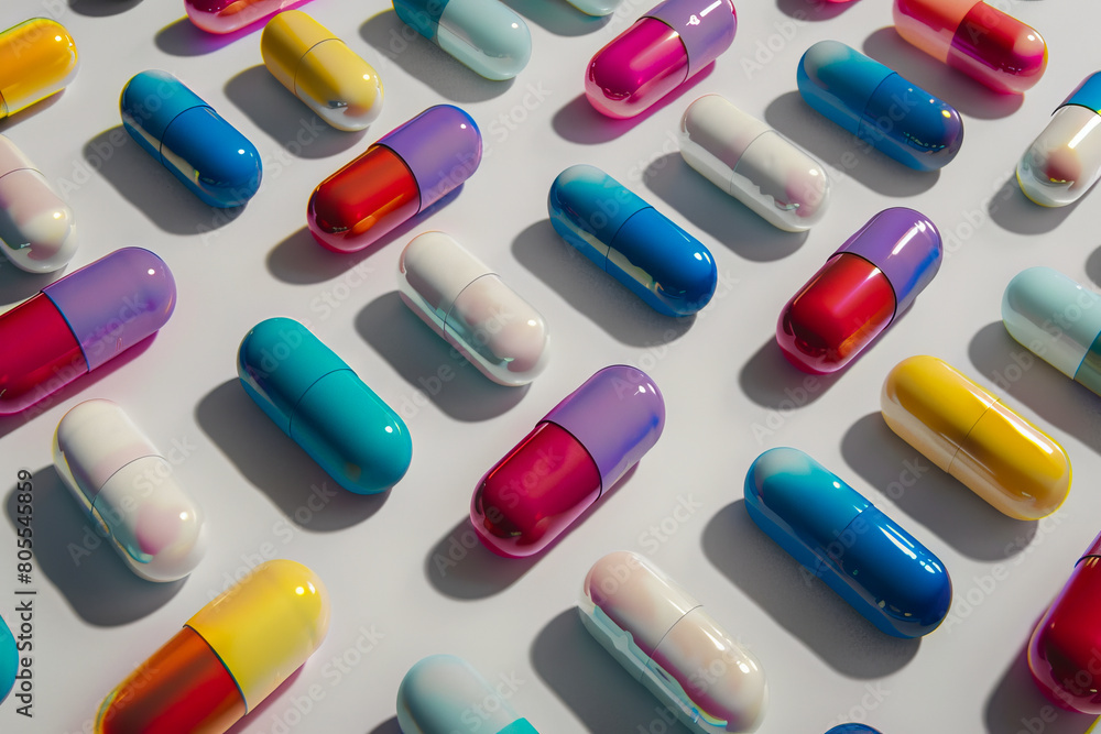 Many colorful pills are arranged on a white surface. Many colorful pills are arranged on a white surface.