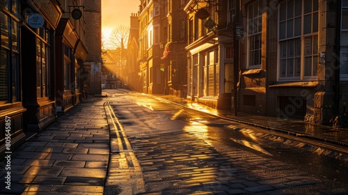 A street with a brick sidewalk and a brick road. The street is wet and the sun is shining on it photo