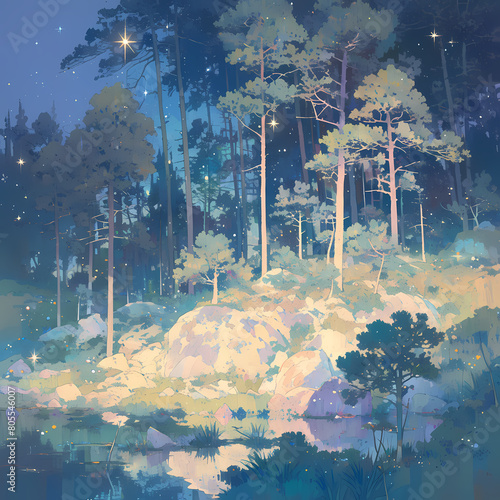Illuminated Wonderland - A captivating scene of a forest at night  bathed in a warm glow and filled with enchanting details.