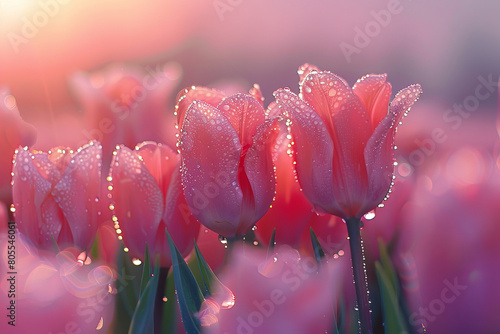 Dew-covered tulips at dawn, macro photography with soft morning light, vibrant and fresh blooms