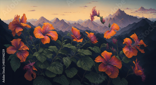 sunrise in the mountains / oil painting of scenic view , giant flowers on the bank photo