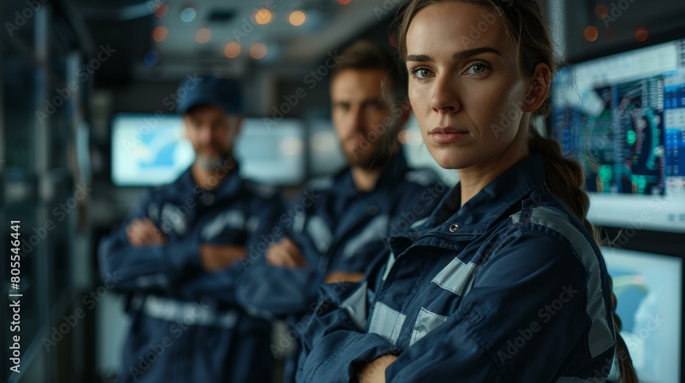 Confident team of three professionals in blue uniforms, standing in high-tech control room, embodying teamwork and technology in industrial setting. Confident team of three professionals in blue uniforms, standing in high-tech control room, embodying teamwork and technology in industrial setting.