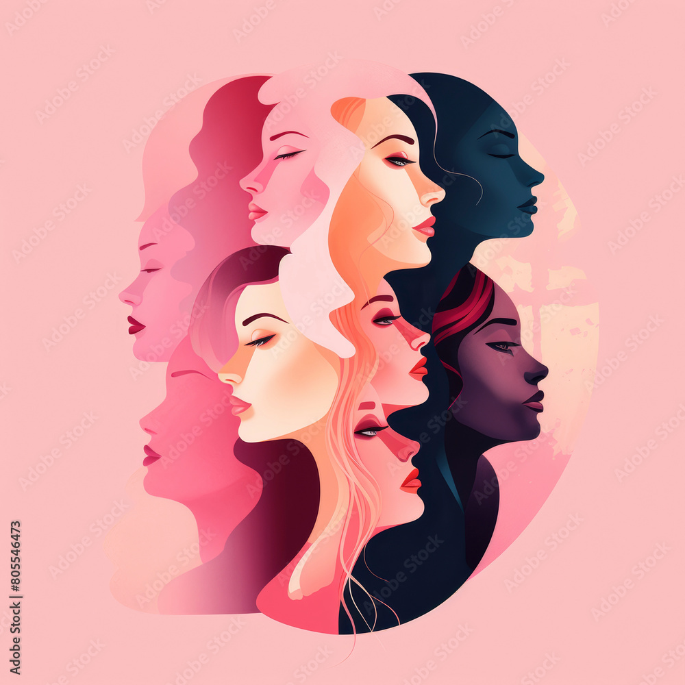 Womens day celebration banner, multiple women faces on pink background, 8th march, pop art colors