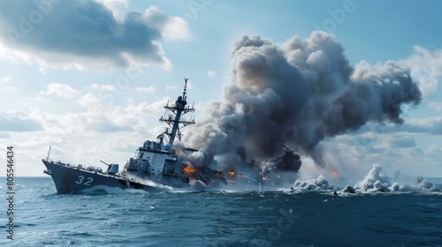 Dramatic navy destroyer battle scene with massive explosion in ocean, warship in danger, dynamic action-packed military confrontation, naval power display. photo
