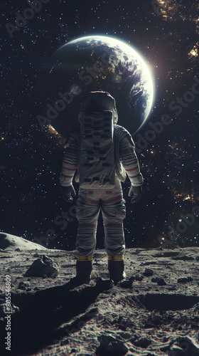 Astronaut on moon with earth rising, apollo mission style, smallness against vastness of space