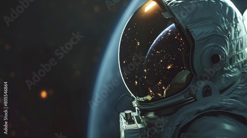 Photorealistic astronaut floating in zero gravity with earth reflection in deep space