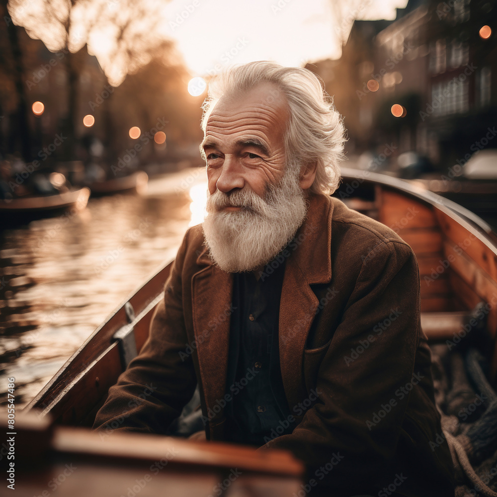 Elderly dutch man navigating wooden boat through tranquil amsterdam canals at sunrise