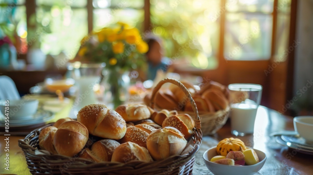 A joyful family breakfast table adorned with a basket of assorted bread rolls, bringing warmth and togetherness to the morning meal.