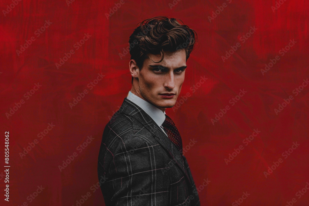A suave gentleman radiating charm in his tlored suit, his stylish hr catching the light, poised agnst a bold red backdrop. A suave gentleman radiating charm in his tlored suit, his stylish hr catching the light, poised agnst a bold red backdrop.