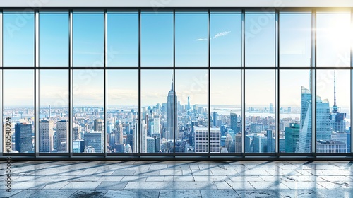 Empty Office Space with Large Windows and Urban Skyline View