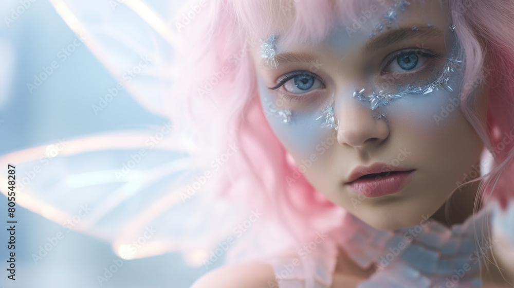 Close-Up of Enchanting Fairy with Pink Hair and Glittery Makeup