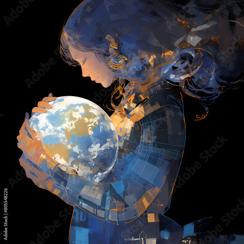 This captivating image captures a moment of profound connection as a woman embraces the Earth. She holds the globe close to her chest, symbolizing unity and environmental stewardship. The artistic photo