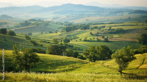 Eastern european rolling hills and traditional agriculture in soft afternoon light