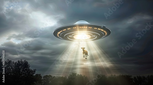 A futuristic concept of aliens from other civilizations abducting living beings. A UFO abducts a cow by capturing it with a beam of light. Illustration for cover, poster, brochure, presentation, etc. photo