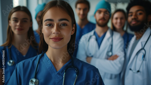 Young female nursing student with her team of medical students and doctors. Junior doctor portrait. Medical internship. Inclusive and diverse healthcare team. Healthcare concept