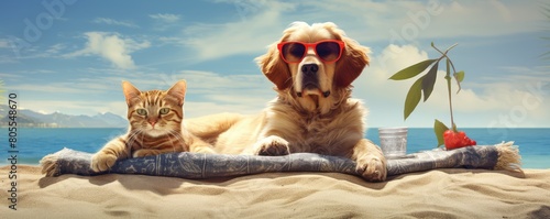 Two dogs with sunglasses and a cat in a car trunk enjoying a sunny beach vacation  blue sky