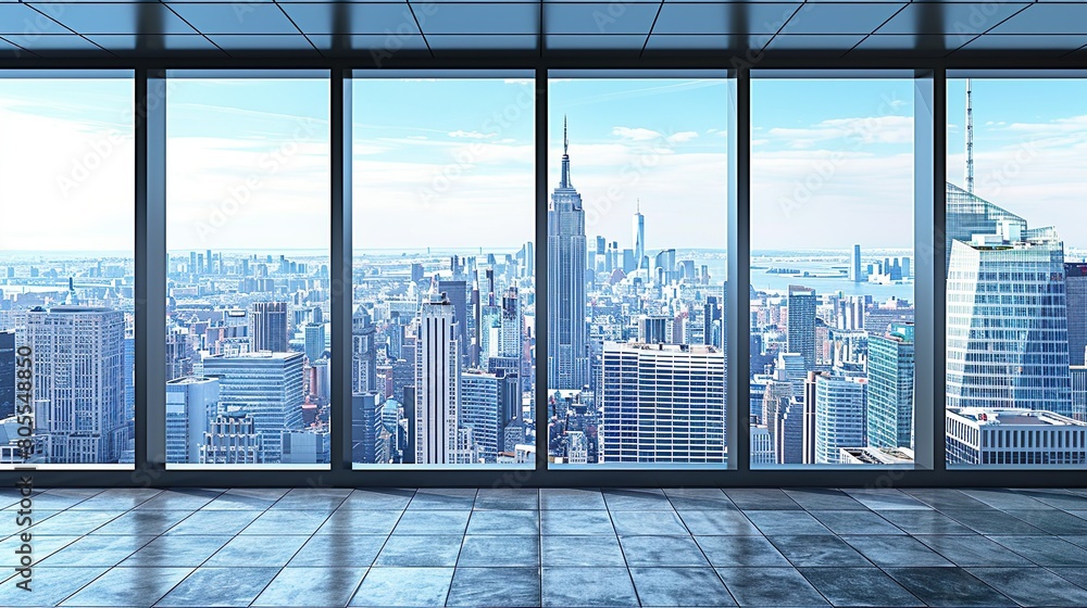 Fototapeta premium Modern Office Interior with Panoramic City View and Large Windows