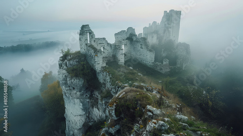 Misty morning at ancient eastern european castle, perched on hill, wide-angle view photo
