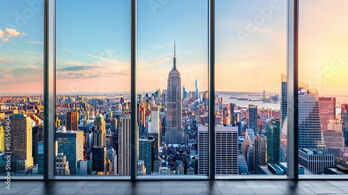 Panoramic Metropolis View from Sunlit Corporate Office  Empty Wide Room  Clear Windows