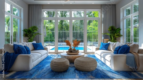 A Blue Living Room with a Pool in the Garden and Couch - Modern Home Design, Bright Outdoor Retreat, and Cozy Lounge Area