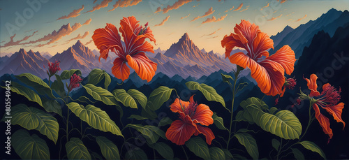 sunrise in the mountains   oil painting of scenic view   giant flowers on the bank