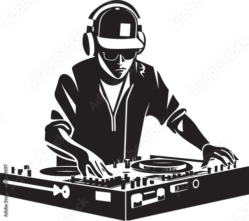 Urban DJ Mixer Vector Illustration with Cityscape Background Minimalist DJ Mixer Vector Illustration with Simplified Controls