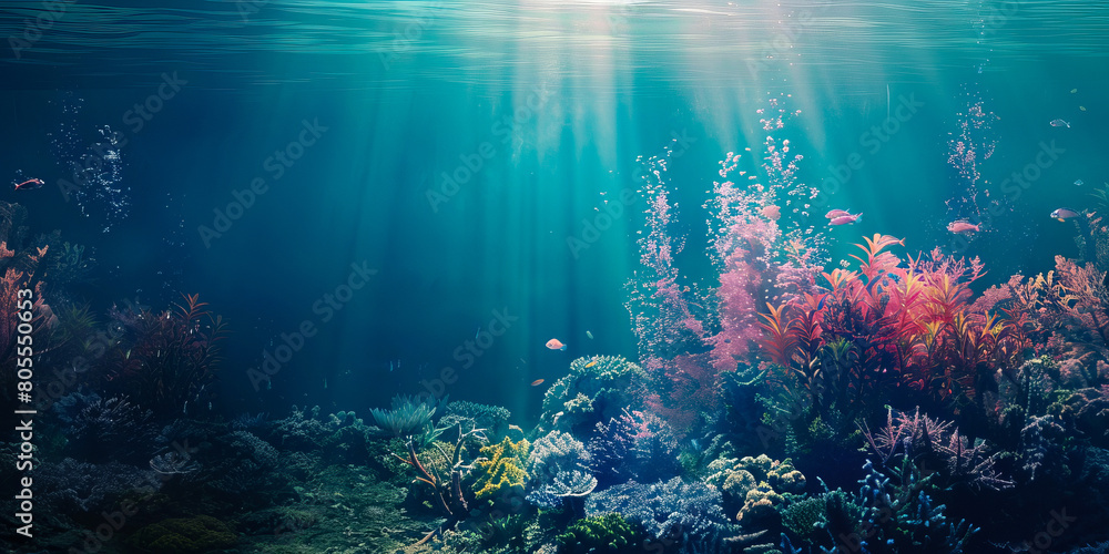 Vibrant coral reef with colorful fish in clear blue ocean