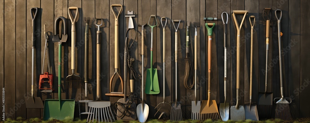 An organized row of cleaning tools lined up against an exterior wall, ready for maintenance work An organized row of cleaning tools lined up against an exterior wall, ready for maintenance work