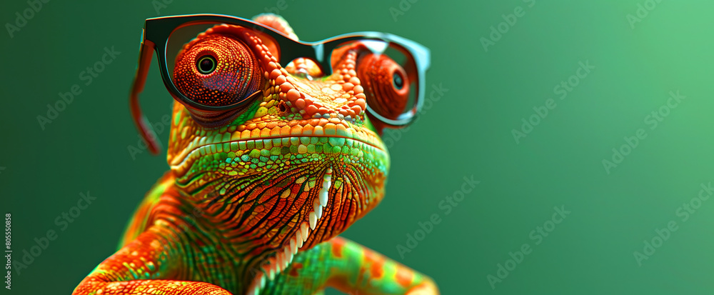 A chameleon wearing sunglasses, funny adorable animal character A chameleon wearing sunglasses, funny adorable animal character