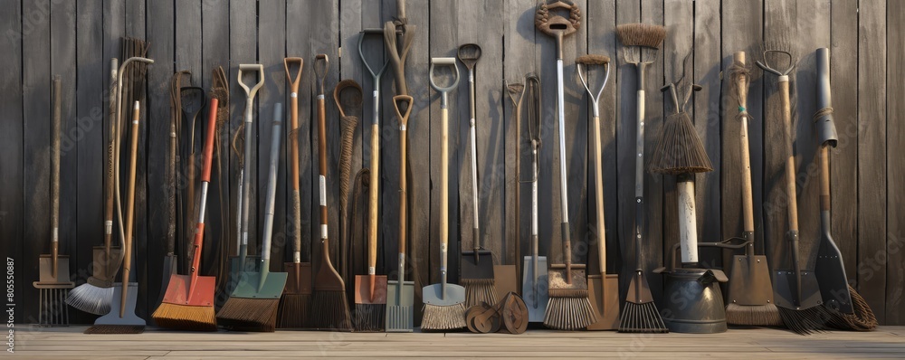 An organized row of cleaning tools lined up against an exterior wall, ready for maintenance work An organized row of cleaning tools lined up against an exterior wall, ready for maintenance work