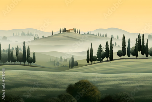 enshrouded pastures, foggy fields with cypress trees. field landscape. vector background