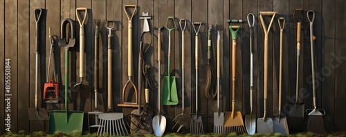 An organized row of cleaning tools lined up against an exterior wall, ready for maintenance work