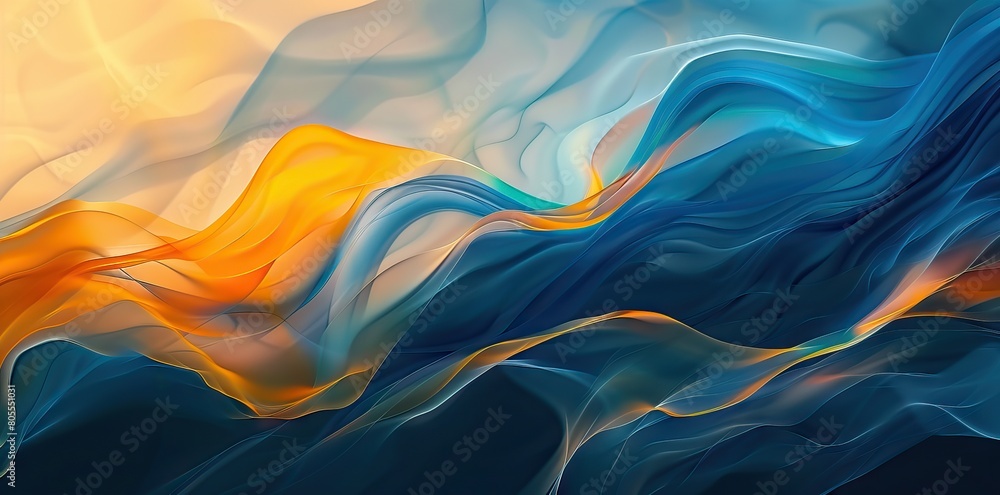 Stylish corrugated motion high-grade blue yellow orange mixed fluid gradient abstract background. AI generated illustration