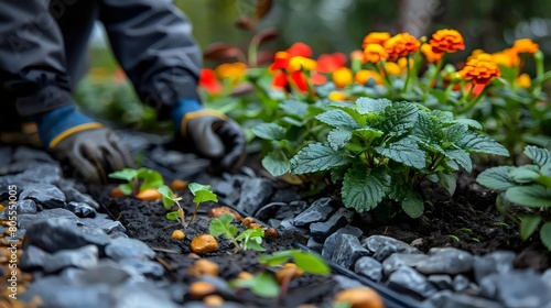 A Gardener in Black Gloves Tending to Plants in the Garden - Expert Plant Care, Pristine Greenery, and Thoughtful Gardening Practices