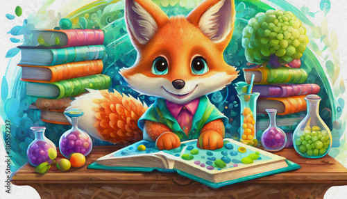 oil painting style CARTOON CHARACTER baby red fox are doing science experiments on a desk in the library, © stefanelo