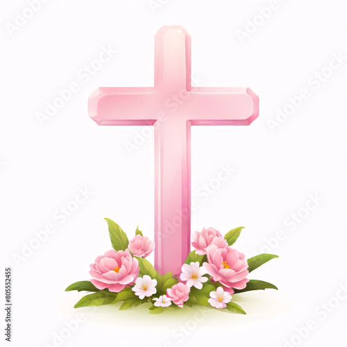 A pink cross with pink camellia decoration, white background, illustration.
