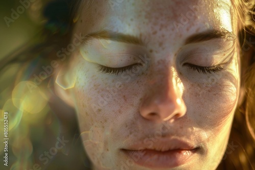 Close up of a woman with her eyes closed, suitable for relaxation or beauty concepts