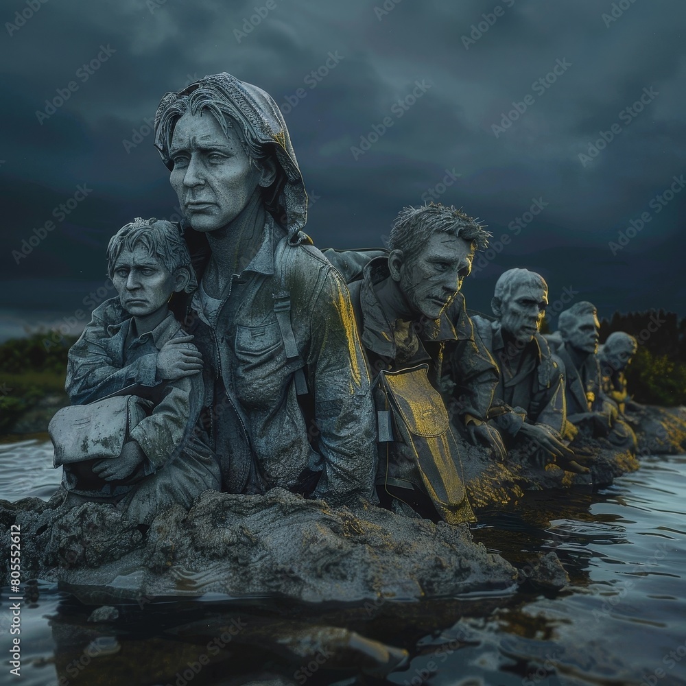 Haunting Digital Sculpture Depicting Climate Refugees in Dystopian Landscape