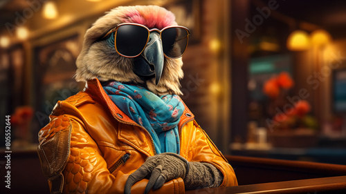 Imagine a stylish parrot in a leather bomber jacket, accessorized with aviator sunglasses photo