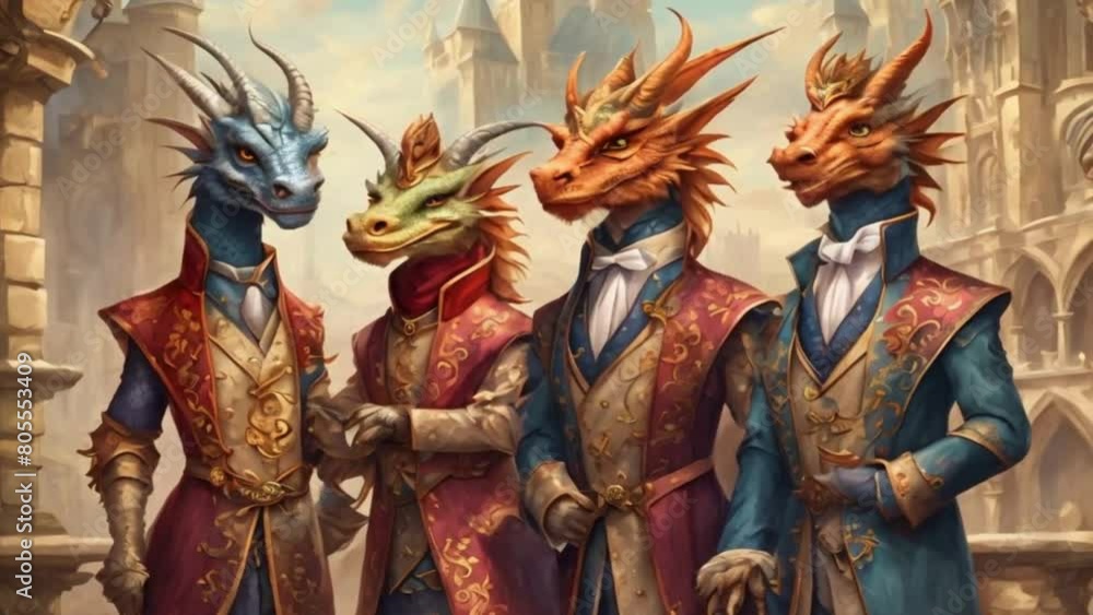 Elegant dragons, clad in ornate, medieval-inspired garments, confidently striding through a mythical kingdom, captivating all with their majestic allure. Elegant dragons, clad in ornate, medieval-inspired garments, confidently striding through a mythical kingdom, captivating all with their majestic allure.