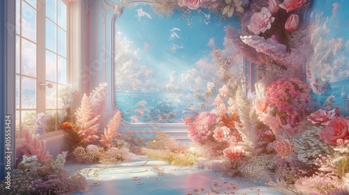 Whimsical Rococo Pastel Scene with Lush Floral Accents and Cinematic Window View