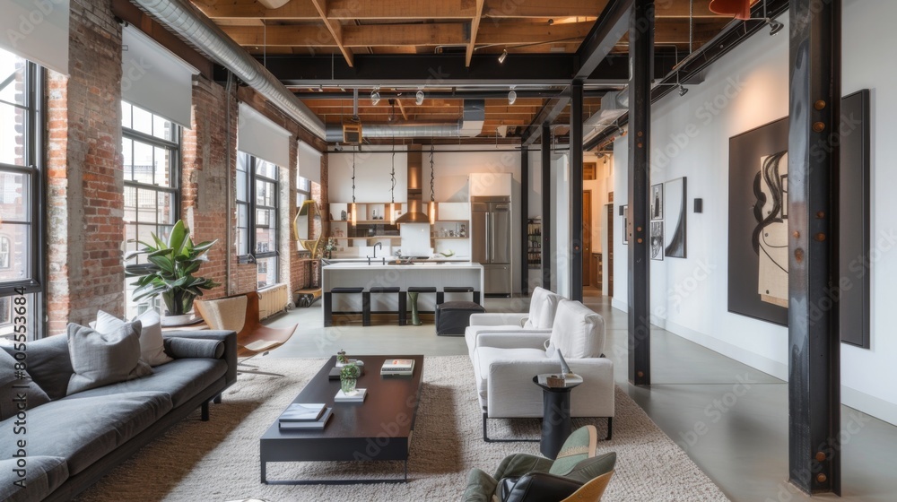 A minimalist loft space in a modern home, with an open floor plan, exposed beams, and industrial-chic decor elements. A minimalist loft space in a modern home, with an open floor plan, exposed beams, and industrial-chic decor elements.