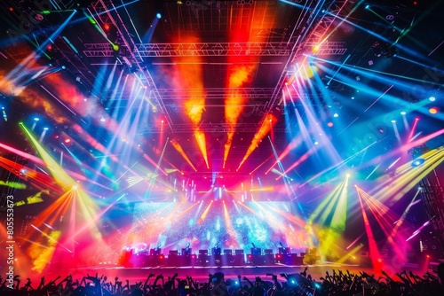 Captivating Panoramic View of a Vibrant and Colorful K-Pop Concert Stage Ablaze with Mesmerizing Lights and Effects © kittipoj