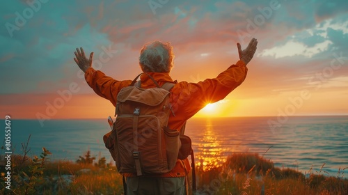Confident mature man with backpack with arms up relaxing at sunset 
