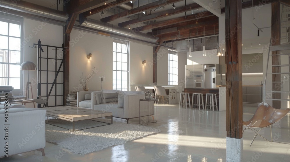 A minimalist loft space in a modern home, with an open floor plan, exposed beams, and industrial-chic decor elements.