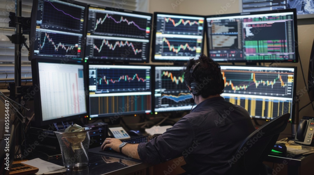 A professional trader monitoring gold price movements on multiple screens, leveraging technical analysis for profitable trading strategies.