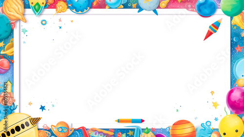 Colorful children frame with toys and balloons for holidays with space for text. School and preschool frame for kids and children in kindergarten or primary grades. Cartoon flat illustration photo