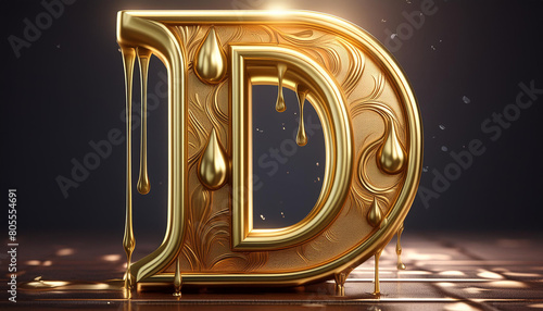 letter D in golden drip effect, shiny metallic, logo, hyper realistic, ultra detailed, high resolution, 3d rendering