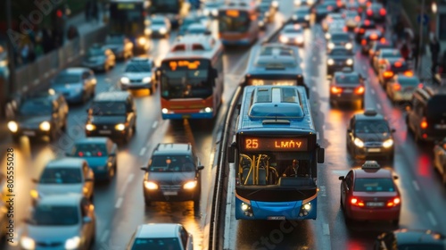 A public transportation bus navigating through heavy traffic, highlighting the role of mass transit in alleviating urban congestion.