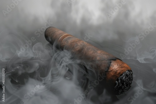 A cigar resting on a billowing pile of smoke. Ideal for tobacco or relaxation concepts